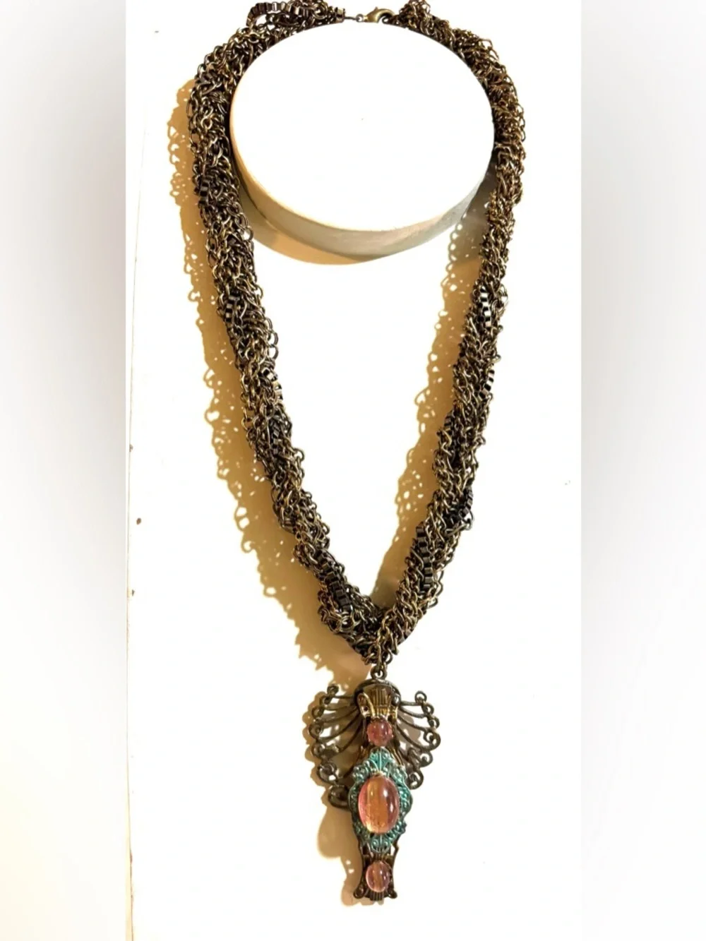 Vintage Bronze-Tone Multi-Chain Necklace with Pink and Turquoise Accents
